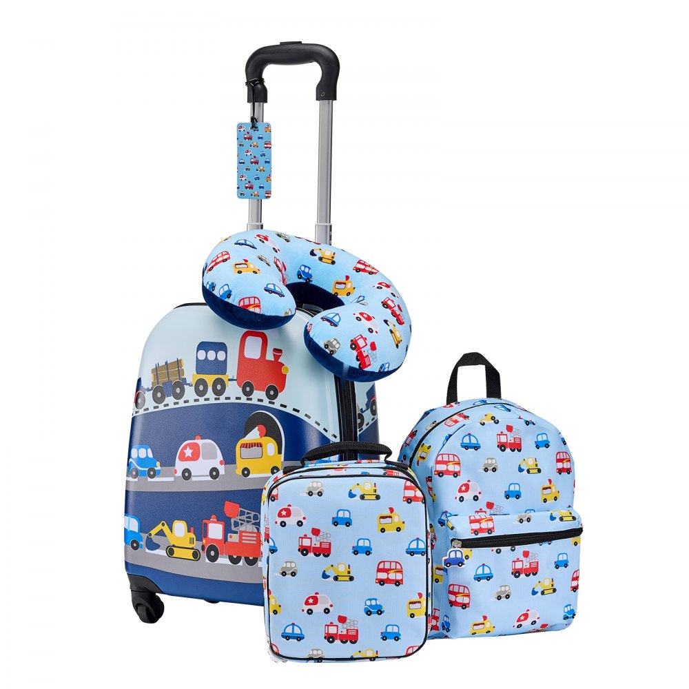 VEVOR Kids Luggage Set, 5 Piece, 18 Inch Hardside Rolling Wheels Suitcase with Backpack & U-shape Pillow, Truck Kids Carry on Luggage Set, Holiday Birthday Gift for Girls Boys, Airline Approved