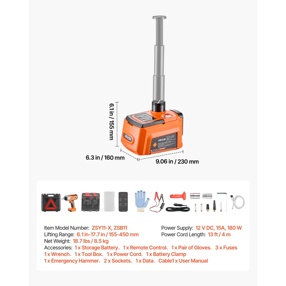 VEVOR 5T Cordless Electric Car Jack with Air Wrench & 2PCS Batteries, 12V Remote Control Hydraulic Car Floor Jack, 6.1-17.7 in Lift Height, 12V Portable Tire Changer with LED Light for SUV Pickup