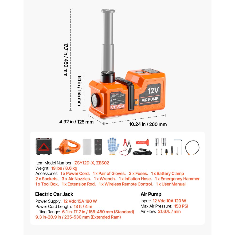 VEVOR 5T Electric Hydraulic Car Jack with Built-in Air Pump & Impact Wrench, Remote Control Floor Lift Jack, 6.1-17.7 in Lifting Height, Portable Tire Change Tool Inflator Pump for SUV Sedan Pickup