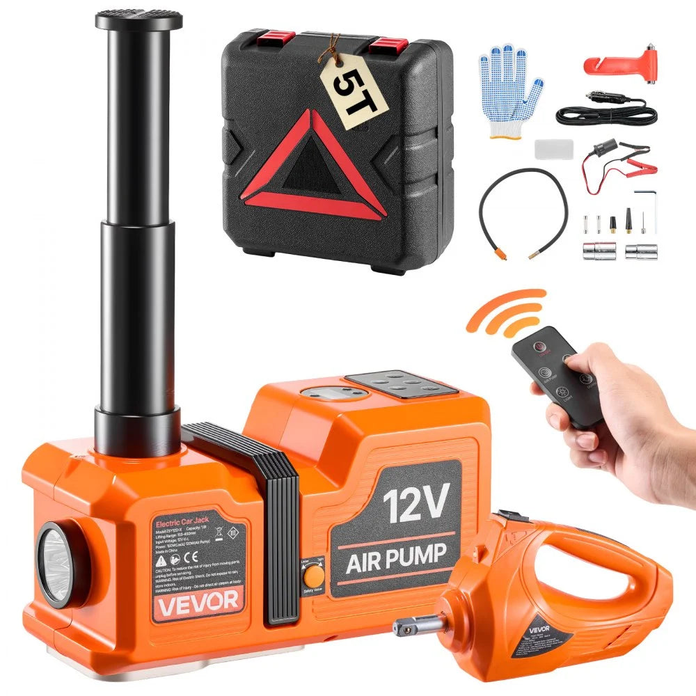 VEVOR 5T Electric Hydraulic Car Jack with Built-in Air Pump & Impact Wrench, Remote Control Floor Lift Jack, 6.1-17.7 in Lifting Height, Portable Tire Change Tool Inflator Pump for SUV Sedan Pickup