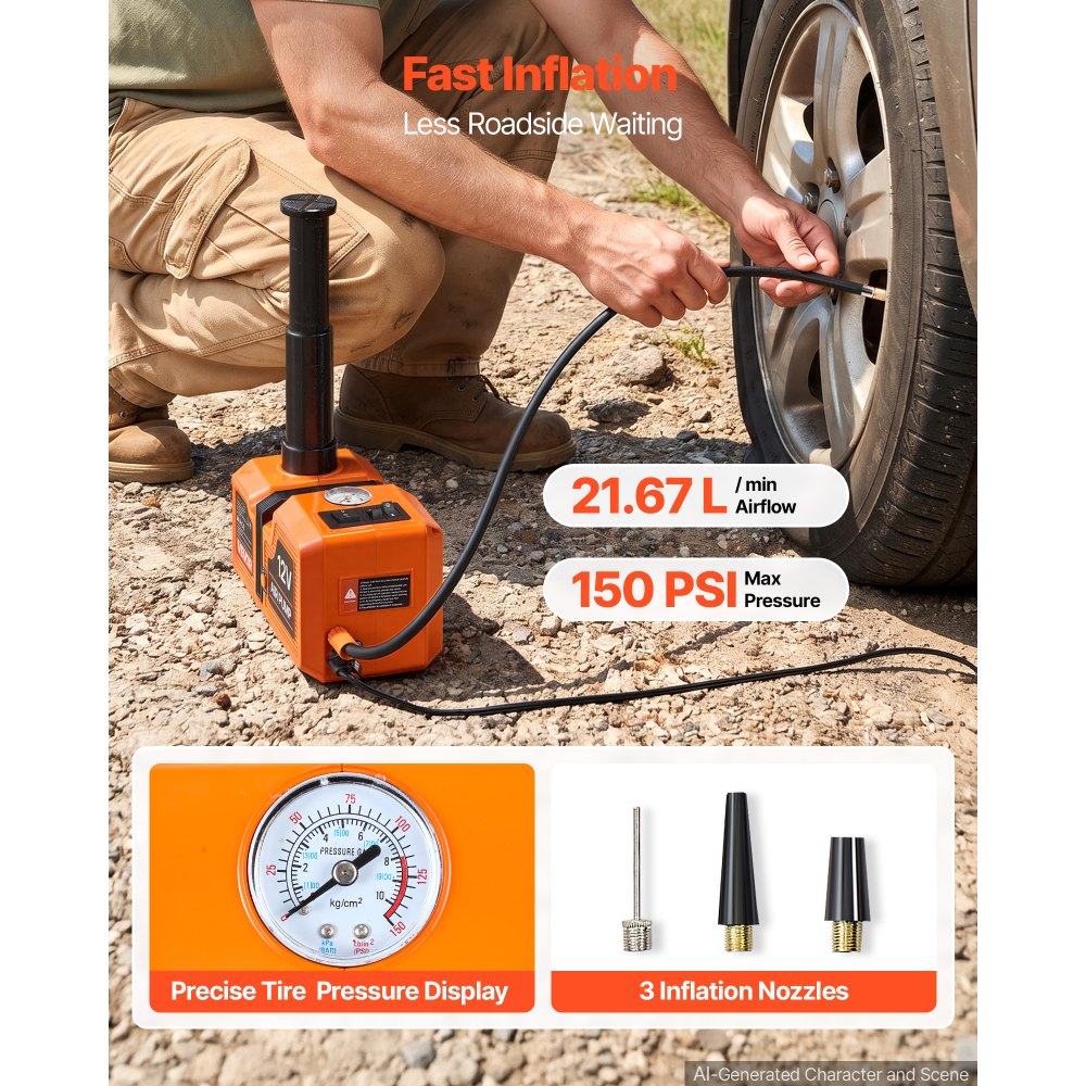 VEVOR 5T Electric Hydraulic Car Jack with Built-in Air Pump & Impact Wrench, 12V Floor Lift Jack, 6.1-17.7 in Lift Height, Portable Tire Change Tool Inflator Pump with LED Light for SUV Sedan Pickup