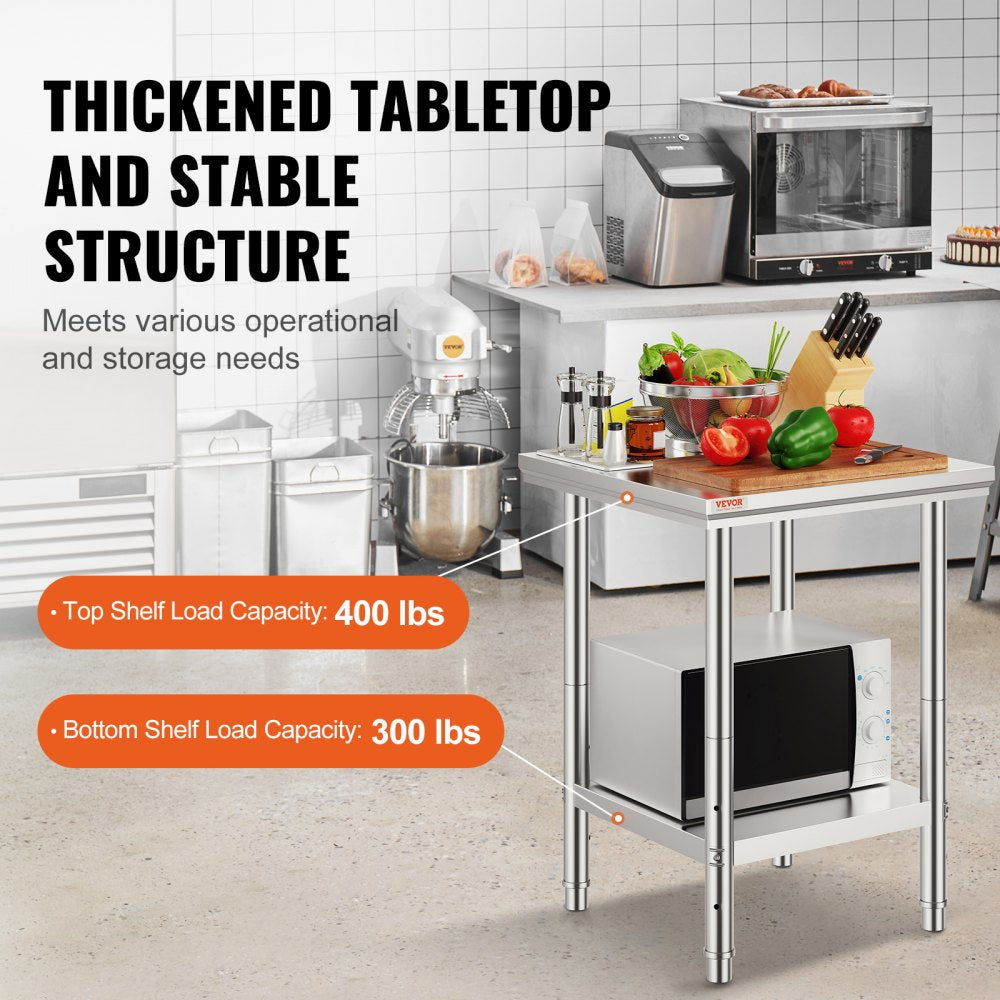 VEVOR Stainless Steel Prep Table, 24 x 24 x 31 Inch, 700 lbs Load Capacity, Heavy Duty Metal Worktable with 3 Adjustable Height Levels, Commercial Workstation for Kitchen Garage Restaurant Backyard