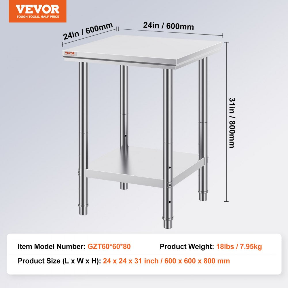 VEVOR Stainless Steel Prep Table, 24 x 24 x 31 Inch, 700 lbs Load Capacity, Heavy Duty Metal Worktable with 3 Adjustable Height Levels, Commercial Workstation for Kitchen Garage Restaurant Backyard