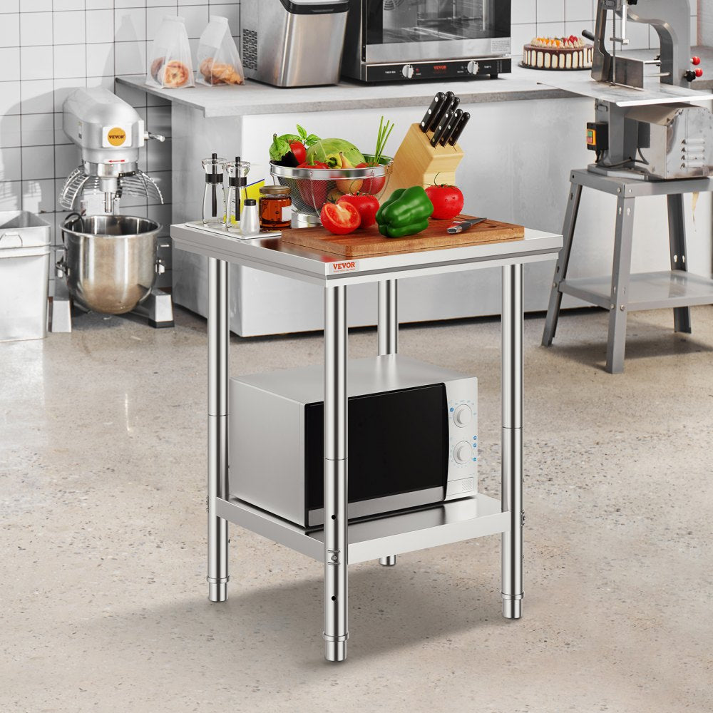 VEVOR Stainless Steel Prep Table, 24 x 24 x 31 Inch, 700 lbs Load Capacity, Heavy Duty Metal Worktable with 3 Adjustable Height Levels, Commercial Workstation for Kitchen Garage Restaurant Backyard