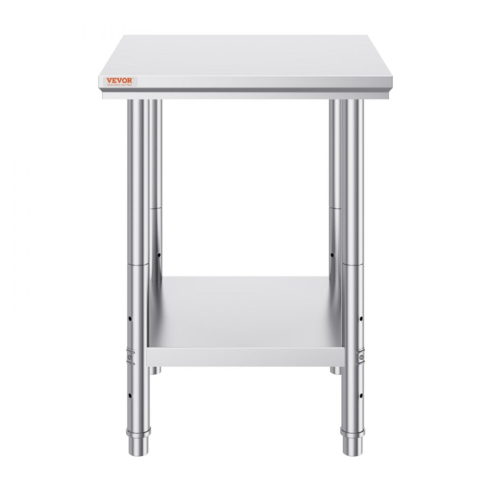 VEVOR Stainless Steel Prep Table, 24 x 24 x 31 Inch, 700 lbs Load Capacity, Heavy Duty Metal Worktable with 3 Adjustable Height Levels, Commercial Workstation for Kitchen Garage Restaurant Backyard