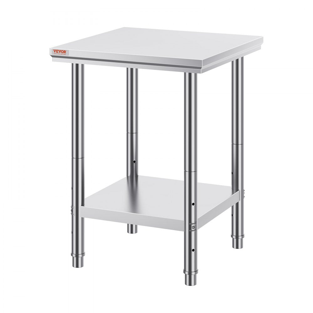 VEVOR Stainless Steel Prep Table, 24 x 24 x 31 Inch, 700 lbs Load Capacity, Heavy Duty Metal Worktable with 3 Adjustable Height Levels, Commercial Workstation for Kitchen Garage Restaurant Backyard