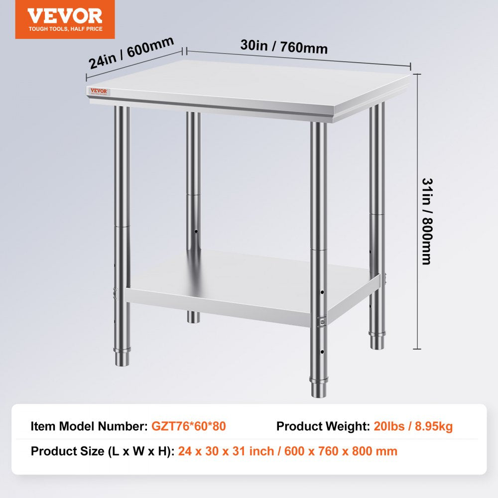 VEVOR Stainless Steel Prep Table, 24 x 30 x 31 Inch, 700 lbs Load Capacity, Heavy Duty Metal Worktable with 3 Adjustable Height Levels, Commercial Workstation for Kitchen Garage Restaurant Backyard