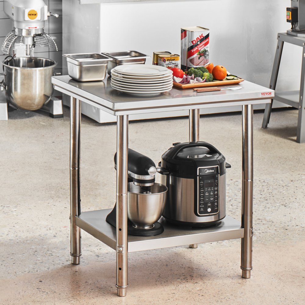 VEVOR Stainless Steel Prep Table, 24 x 30 x 31 Inch, 700 lbs Load Capacity, Heavy Duty Metal Worktable with 3 Adjustable Height Levels, Commercial Workstation for Kitchen Garage Restaurant Backyard