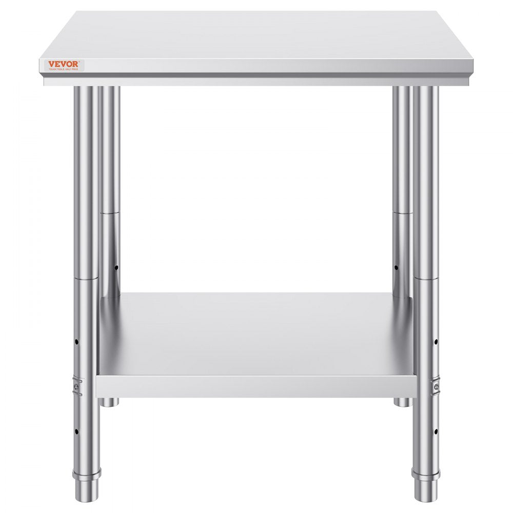VEVOR Stainless Steel Prep Table, 24 x 30 x 31 Inch, 700 lbs Load Capacity, Heavy Duty Metal Worktable with 3 Adjustable Height Levels, Commercial Workstation for Kitchen Garage Restaurant Backyard