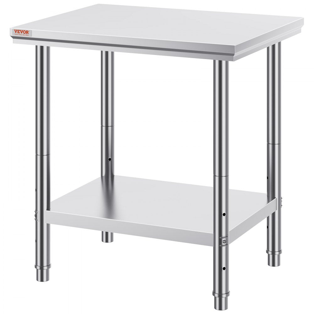 VEVOR Stainless Steel Prep Table, 24 x 30 x 31 Inch, 700 lbs Load Capacity, Heavy Duty Metal Worktable with 3 Adjustable Height Levels, Commercial Workstation for Kitchen Garage Restaurant Backyard