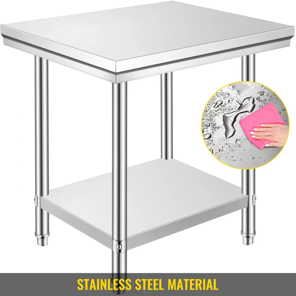 VEVOR Stainless Steel Prep Table, 900x600x800 mm, 700 lbs Load Capacity, Heavy Duty Metal Worktable with 3 Adjustable Height Levels, Commercial Workstation for Kitchen Garage Restaurant Backyard