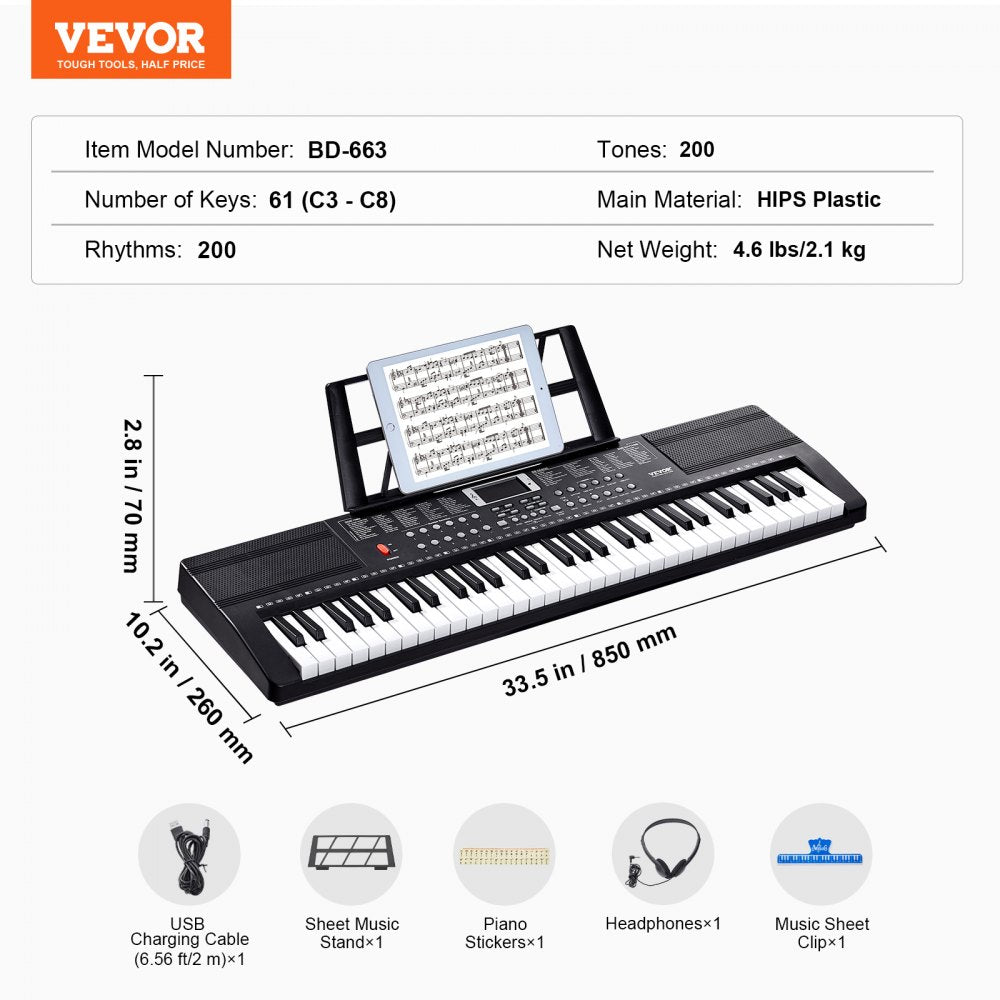 VEVOR 61 Key Digital Keyboard Piano, 200 Tones 200 Rhythms, Electric Portable Piano Keyboard Kit with 60 Demo Songs Built-In Dual Speakers Headphones, Piano Stickers for Beginners Learning