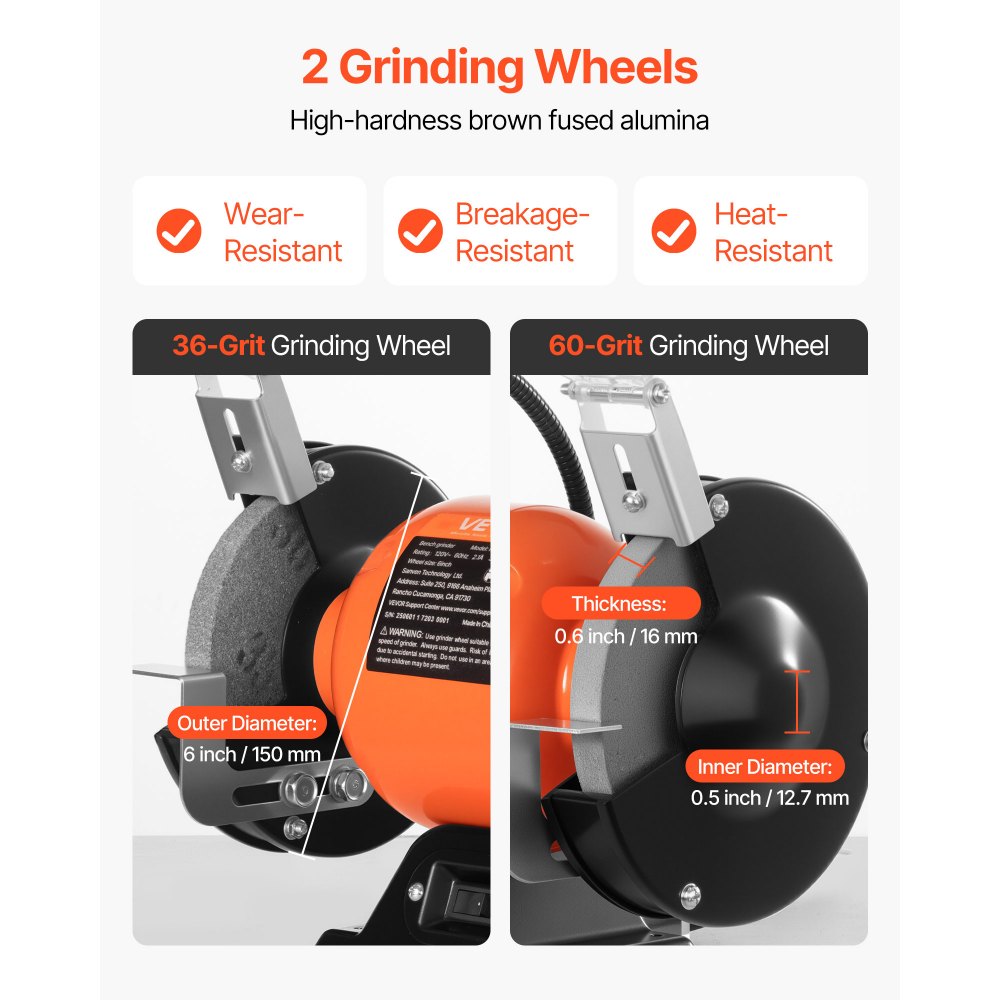 VEVOR Bench Grinder, 6-inch Single Speed Bench Grinder, 3450RPM High-Speed Table Grinders with 250W 2.1A Induction Motor, 36/60-Grit Grinding Wheels & LED Work Light for Fast Sharpening Grinding