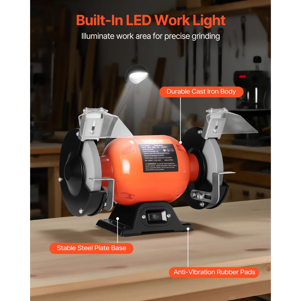 VEVOR Bench Grinder, 6-inch Single Speed Bench Grinder, 3450RPM High-Speed Table Grinders with 250W 2.1A Induction Motor, 36/60-Grit Grinding Wheels & LED Work Light for Fast Sharpening Grinding