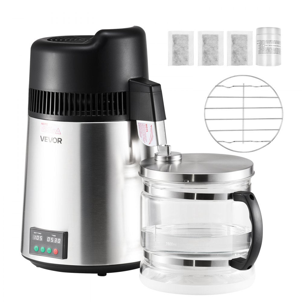 VEVOR Water Distiller, 6L 1.6 Gallon Larger Pure Water Purifier Filter For Home Table Countertop, 900W Glass Pot Distilled Maker, Stainless Steel Interior Drinking Machine to Make Clean Waters, Silver