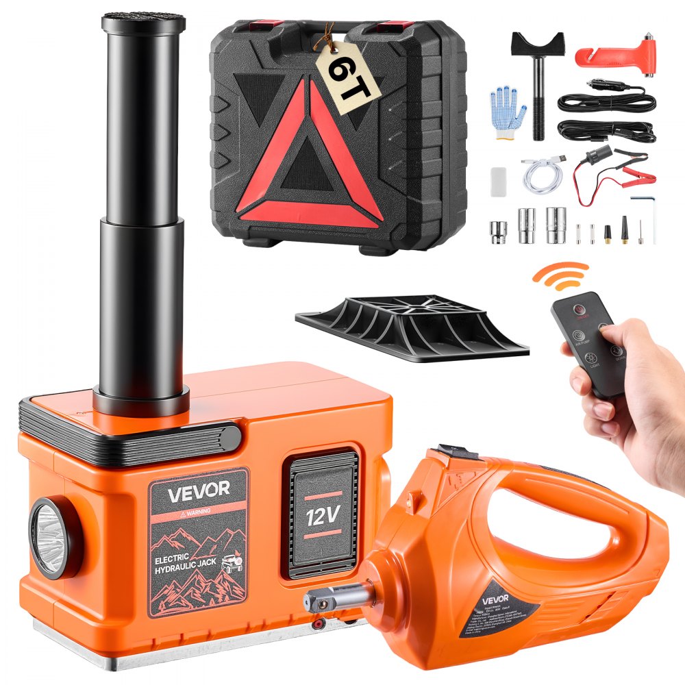 VEVOR 6 Ton Electric Hydraulic Car Jack with Air Wrench & Remote Control, 12V Car Lift Floor Jack with LED Light, 6.5‑18.1 in Lift Height, All-Terrain Portable Tire Change Tool for SUV Sedan Pickup