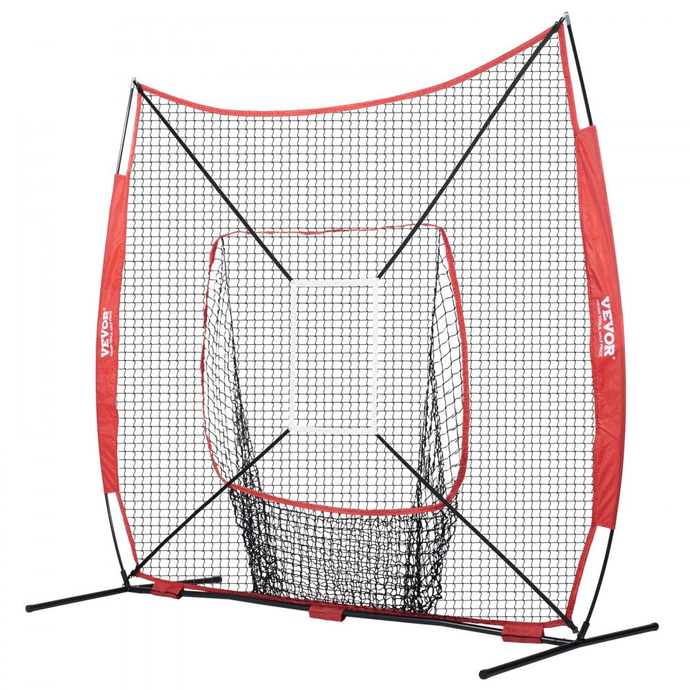 VEVOR 7x7 ft Baseball Softball Practice Net, Portable Baseball Training Net for Hitting Catching Pitching, Backstop Baseball Equipment with Bow Frame, Carry Bag, Strike Zone, Ball, Tee, Ball Collector