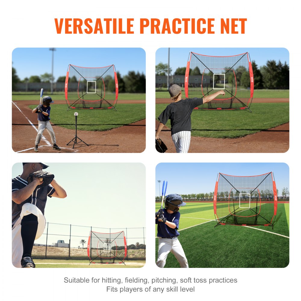 VEVOR 7x7 ft Baseball Softball Practice Net, Portable Baseball Training Net for Hitting Batting Catching Pitching, Backstop Baseball Equipment Training Aids with Strike Zone (Net Only)