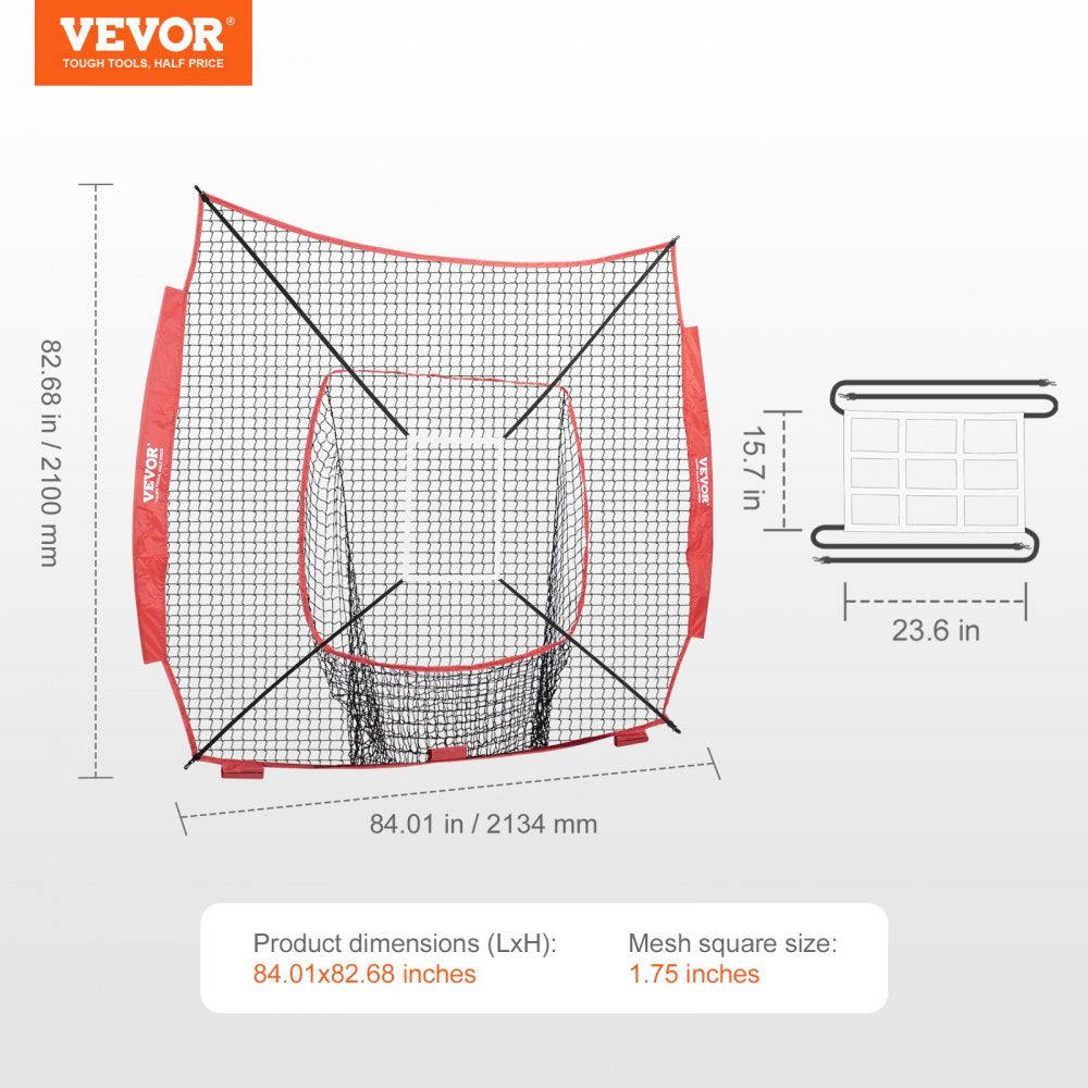 VEVOR 7x7 ft Baseball Softball Practice Net, Portable Baseball Training Net for Hitting Batting Catching Pitching, Backstop Baseball Equipment Training Aids with Strike Zone (Net Only)