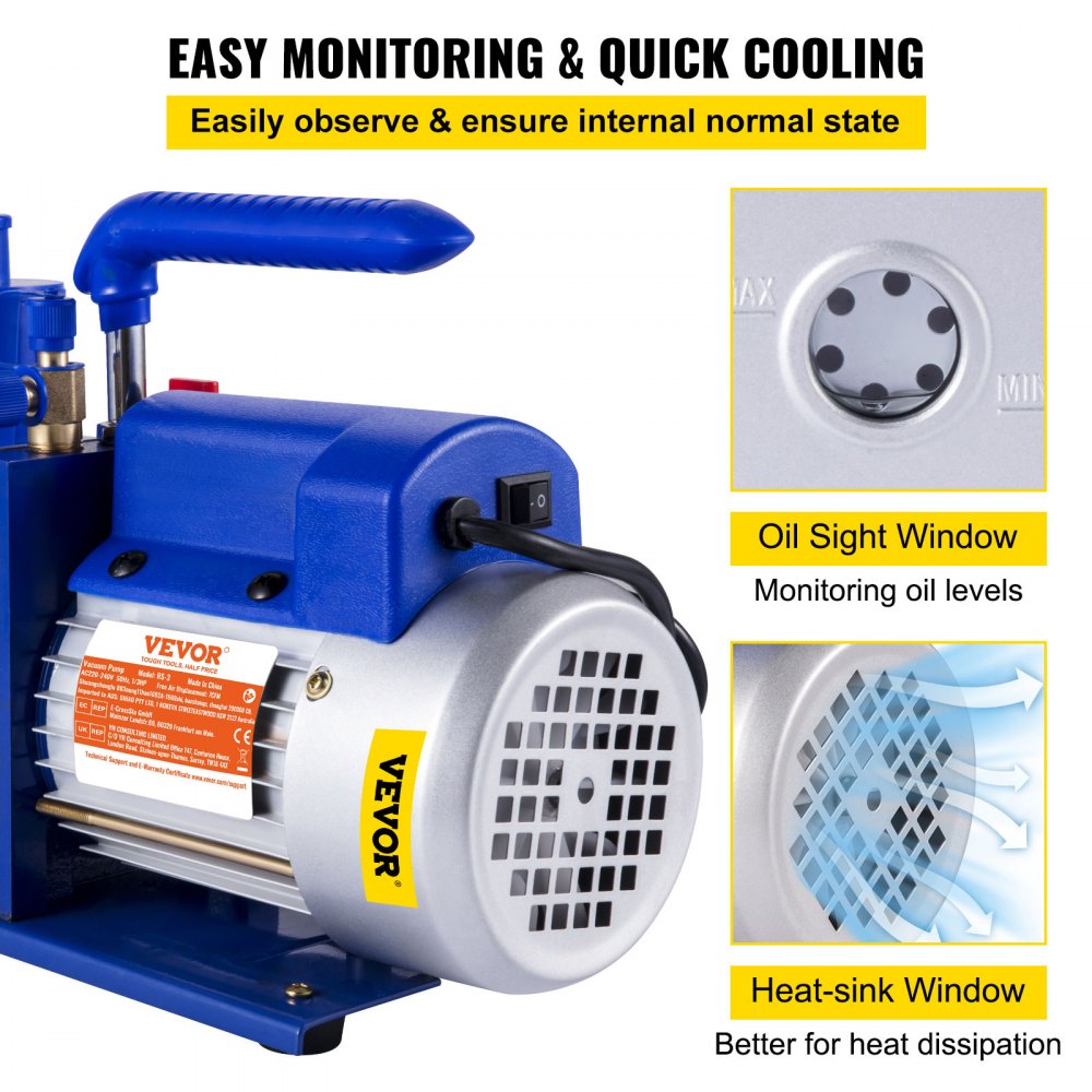 VEVOR Vacuum Pump 7 CFM 1/2 HP Single Stage Air Conditioning Vacuum Pump for R12 R22 R134a R410a Systems 110V 5PA Ultimate Vacuum Refrigerant HVAC Tool for Automobile Reparation Vacuum Evacuation