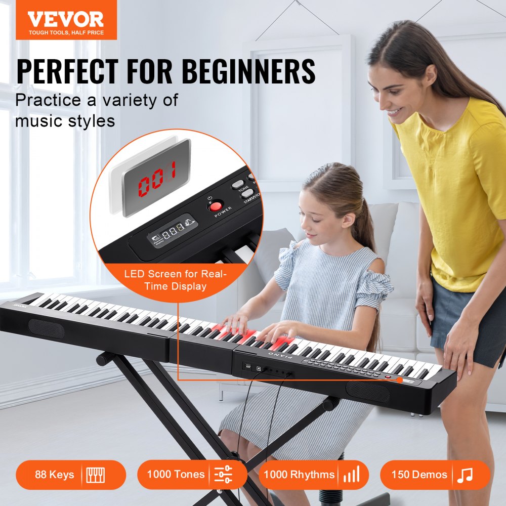 VEVOR 88 Key Digital Piano Keyboard, Semi Weighted Keys, Full Size Electric Keyboard Piano Set with Adjustable Stand Built-In Speakers Sustain Pedal Headphones, Bluetooth MIDI USB for Beginners