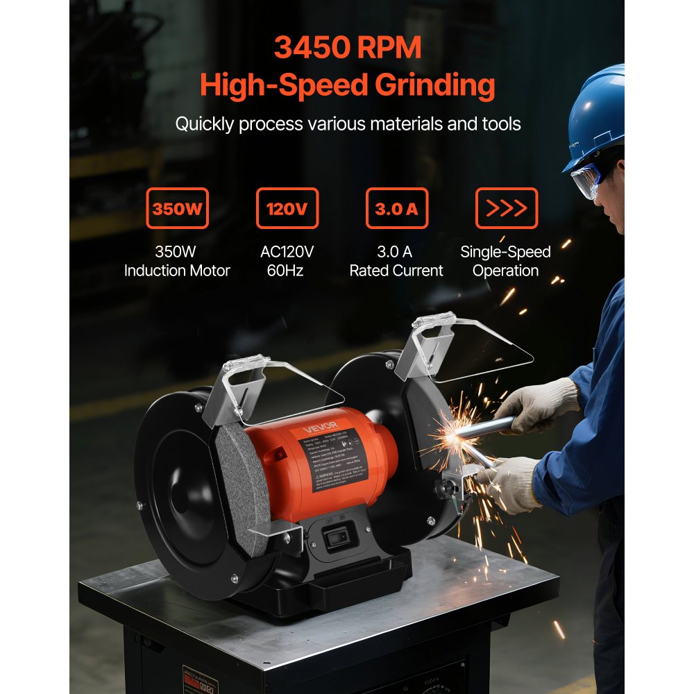 VEVOR Bench Grinder, 8-inch Single Speed Bench Grinder, 3450RPM High-Speed Table Grinders with 350W 3.0A Induction Motor, 36/60-Grit Grinding Wheel & Adjustable Eye Shield for Fast Sharpening Grinding