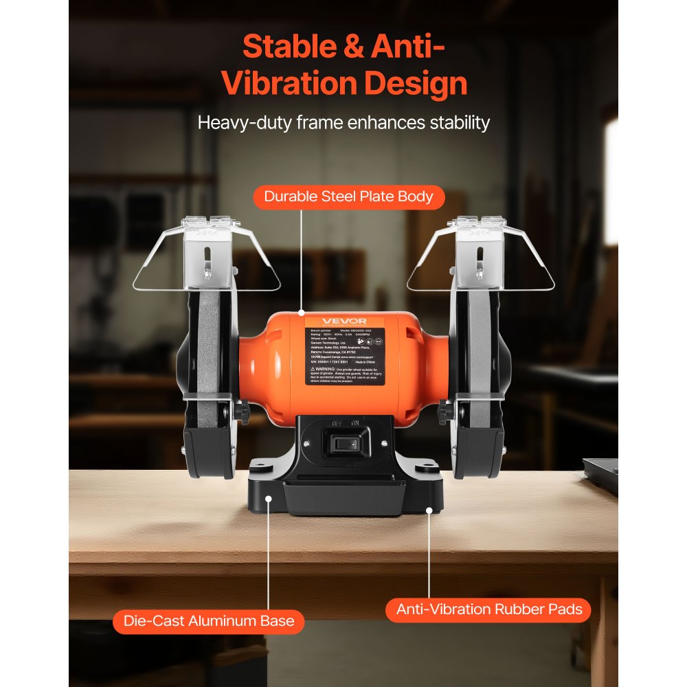 VEVOR Bench Grinder, 8-inch Single Speed Bench Grinder, 3450RPM High-Speed Table Grinders with 350W 3.0A Induction Motor, 36/60-Grit Grinding Wheel & Adjustable Eye Shield for Fast Sharpening Grinding
