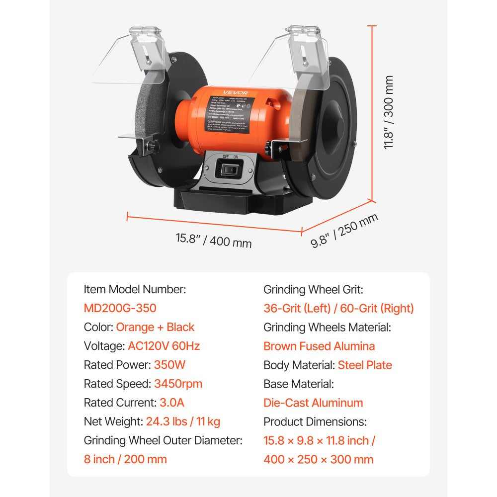 VEVOR Bench Grinder, 8-inch Single Speed Bench Grinder, 3450RPM High-Speed Table Grinders with 350W 3.0A Induction Motor, 36/60-Grit Grinding Wheel & Adjustable Eye Shield for Fast Sharpening Grinding