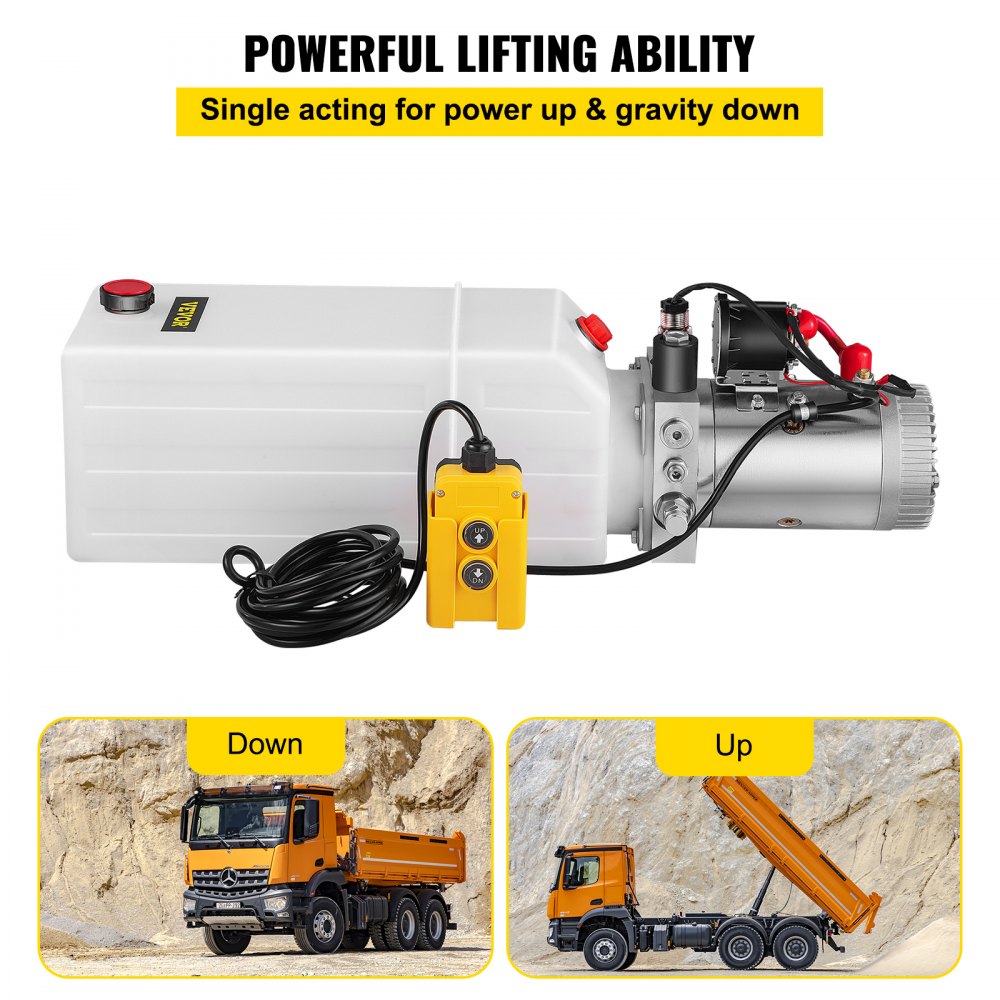 VEVOR Hydraulic Power Unit 8 Quart Hydraulic Pump Single Acting Hydraulic Pump for Dump Trailer Car Lifting 12V DC (Plastic, Single Acting Hydraulic Power Unit)