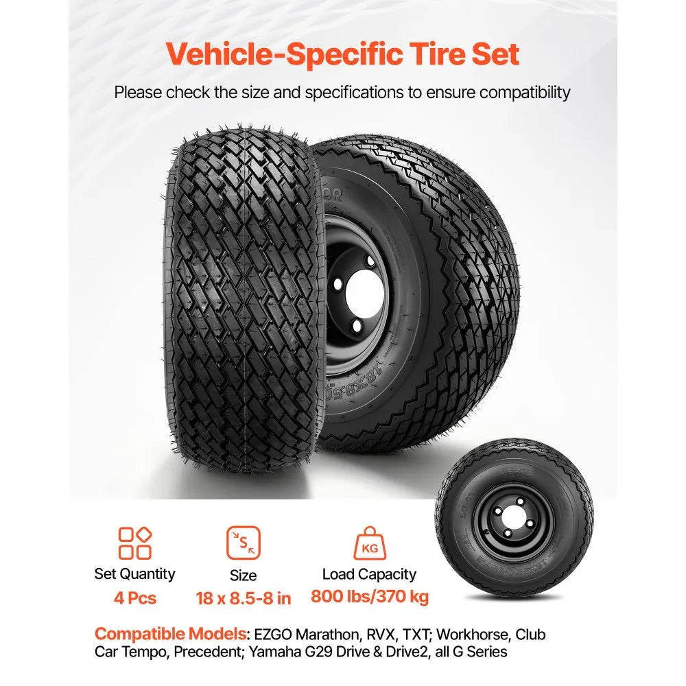 VEVOR Golf Cart Wheels, 8" 18x8.50-8 Black Steel Golf Cart Tires and Wheels Combo (Set of 4) Fit Club Car, EZGO, Yamaha, 4 Ply Rubber 4-Lug Lawn Mower Tires & Rims Assembly, 800 lbs Load, All-Terrain
