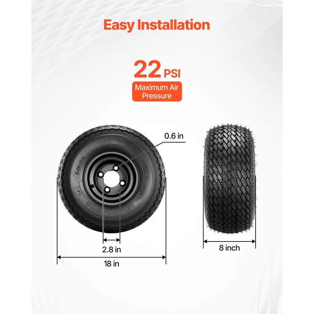 VEVOR Golf Cart Wheels, 8" 18x8.50-8 Black Steel Golf Cart Tires and Wheels Combo (Set of 4) Fit Club Car, EZGO, Yamaha, 4 Ply Rubber 4-Lug Lawn Mower Tires & Rims Assembly, 800 lbs Load, All-Terrain