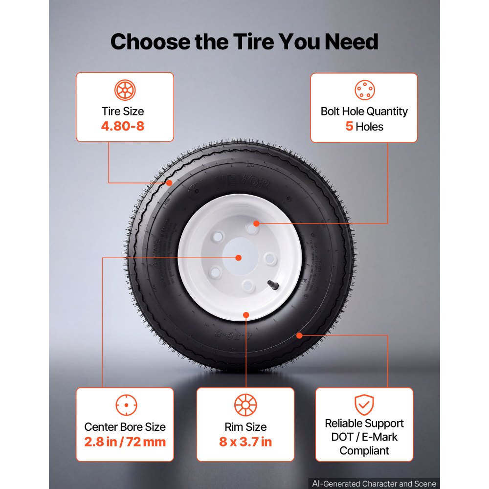 VEVOR 2-Pack Trailer Tire Rim Assembly 4.80-8 with 5 Lug on 4.5 in PCD, 6 Ply Load Range C Trailer Tire on 8" White Rims, 2.8 in Center Bore, Max Load 760LBS 90PSI for Utility/Boat/Camper Trailers