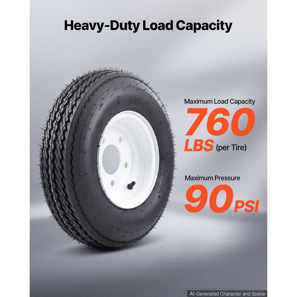 VEVOR 2-Pack Trailer Tire Rim Assembly 4.80-8 with 5 Lug on 4.5 in PCD, 6 Ply Load Range C Trailer Tire on 8" White Rims, 2.8 in Center Bore, Max Load 760LBS 90PSI for Utility/Boat/Camper Trailers