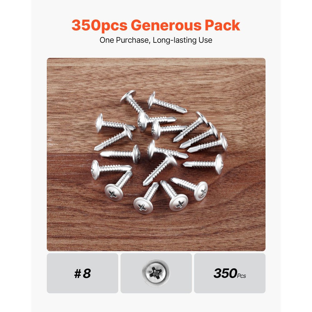 VEVOR #8 Self Drilling Wood Screws, 3/4 Inch Long 350 PCS Truss Head Wood Screws, Phillips Drive Quick Metal Self Tapping Screw, Stainless Steel and Full Thread, Screwdriver Bit Included, Silver