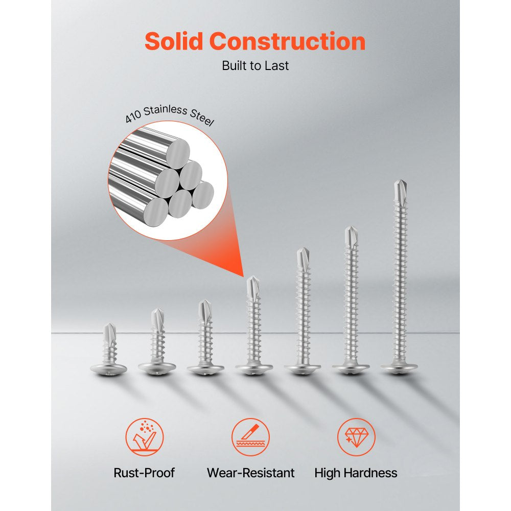 VEVOR #8 Self Drilling Wood Screws, 3/4 Inch Long 350 PCS Truss Head Wood Screws, Phillips Drive Quick Metal Self Tapping Screw, Stainless Steel and Full Thread, Screwdriver Bit Included, Silver