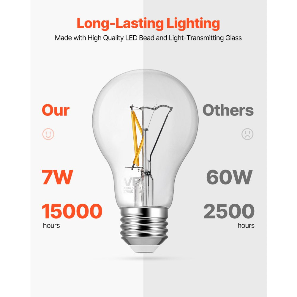 VEVOR 6 Pack Edison Bulbs LED, A19 Vintage Edison Light Bulbs, 4.5W Dimmable 450 Lumens, 2700K Warm White, E26 Base LED Filament Bulb, Antique Glass Style for Home, Bedroom, Office, Farmhouse,CRI80+