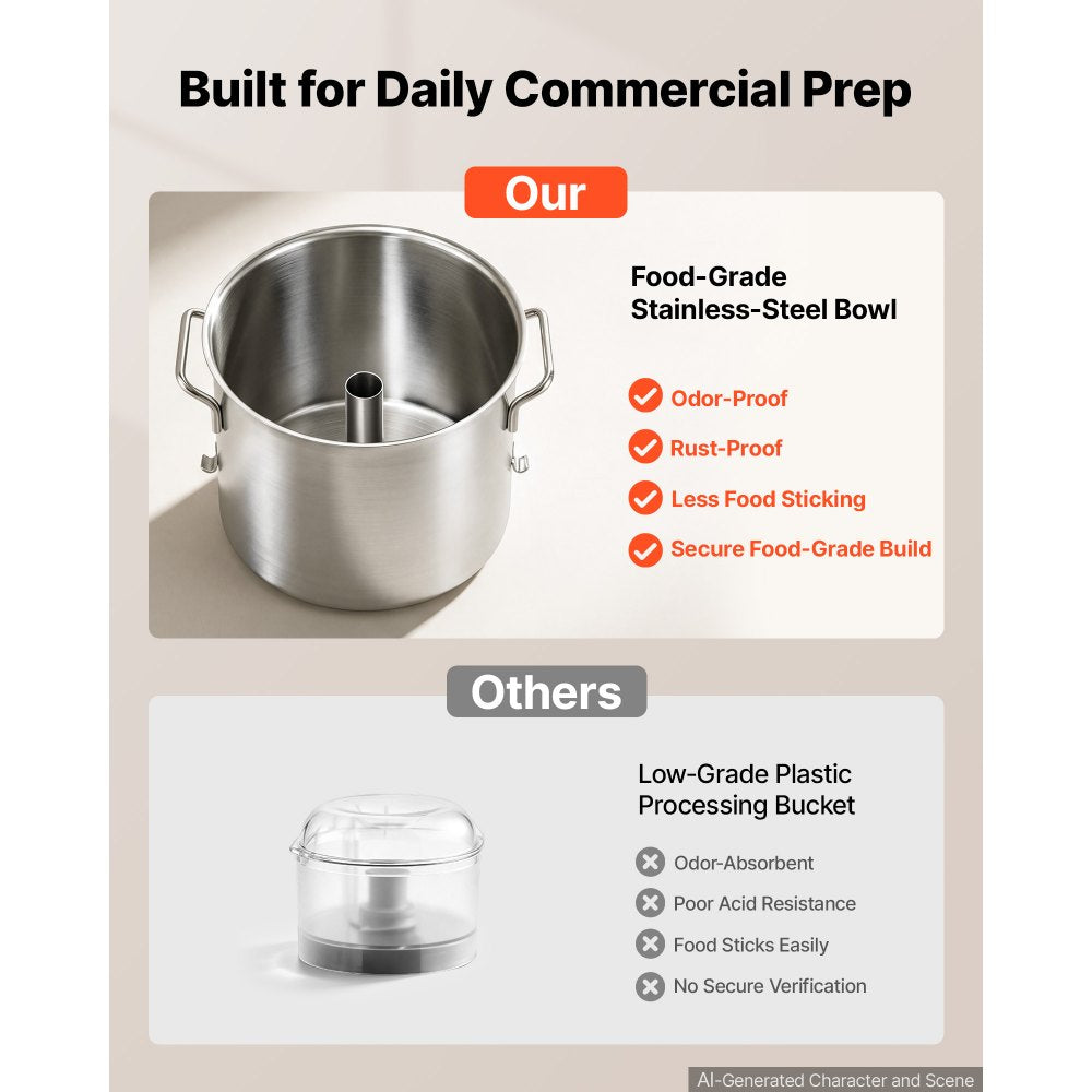 VEVOR Food Processor 9.5 qt 9 L Commercial Electric Vegetable Chopper 1800W, for Vegetables Fruit Grains Nuts, Food-Grade Stainless Steel Bowl, 110V Cutter with S-Shaped Blade, Variable Speed Dial