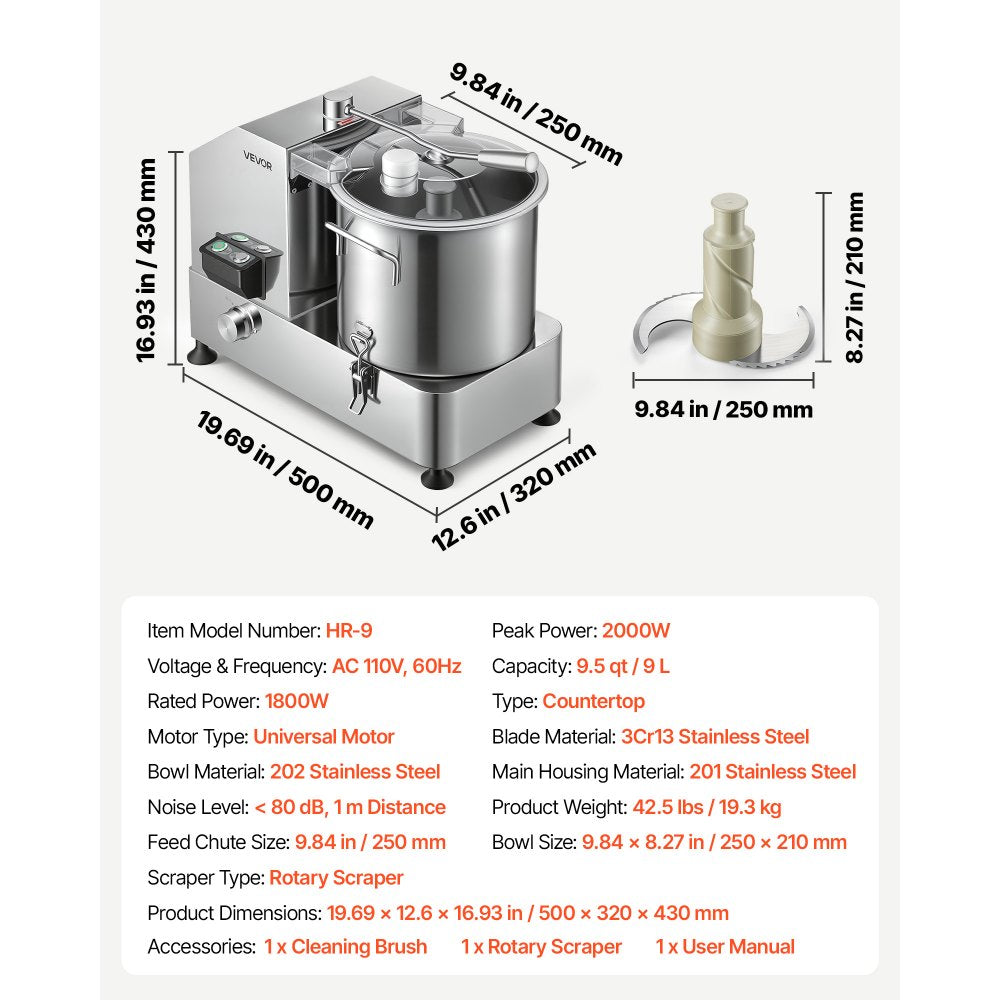 VEVOR Food Processor 9.5 qt 9 L Commercial Electric Vegetable Chopper 1800W, for Vegetables Fruit Grains Nuts, Food-Grade Stainless Steel Bowl, 110V Cutter with S-Shaped Blade, Variable Speed Dial