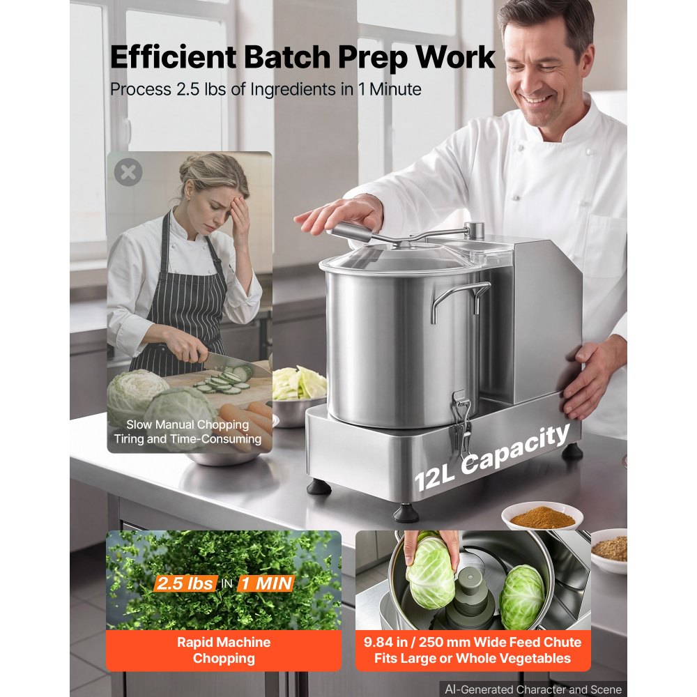 VEVOR Food Processor 12.7qt 12L Commercial Electric Vegetable Chopper 2000W, for Vegetables Fruit Grains Nuts, Food-Grade Stainless Steel Bowl, 110V Cutter with S-Shaped Blade, Variable Speed Dial