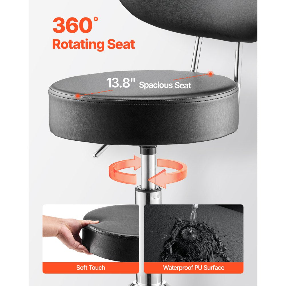 VEVOR Shop Stool with Backrest, Pneumatic Garage Seat/Work Stool with Wheels, 300 lbs Load, Adjustable Roller Creeper Seat, 360° Swivel Padded Workshop Stool, for Garage, Shop & Auto Repair, Black