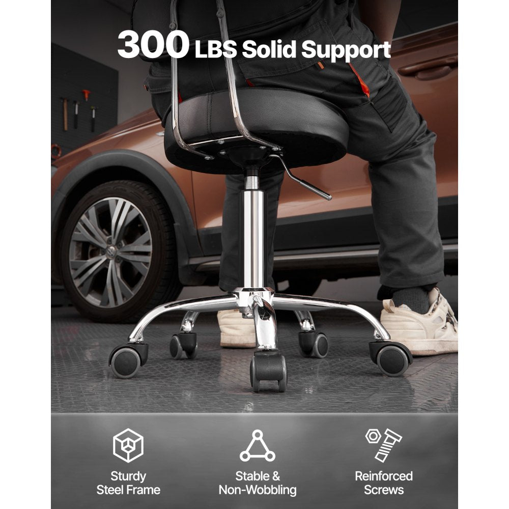 VEVOR Shop Stool with Backrest, Pneumatic Garage Seat/Work Stool with Wheels, 300 lbs Load, Adjustable Roller Creeper Seat, 360° Swivel Padded Workshop Stool, for Garage, Shop & Auto Repair, Black