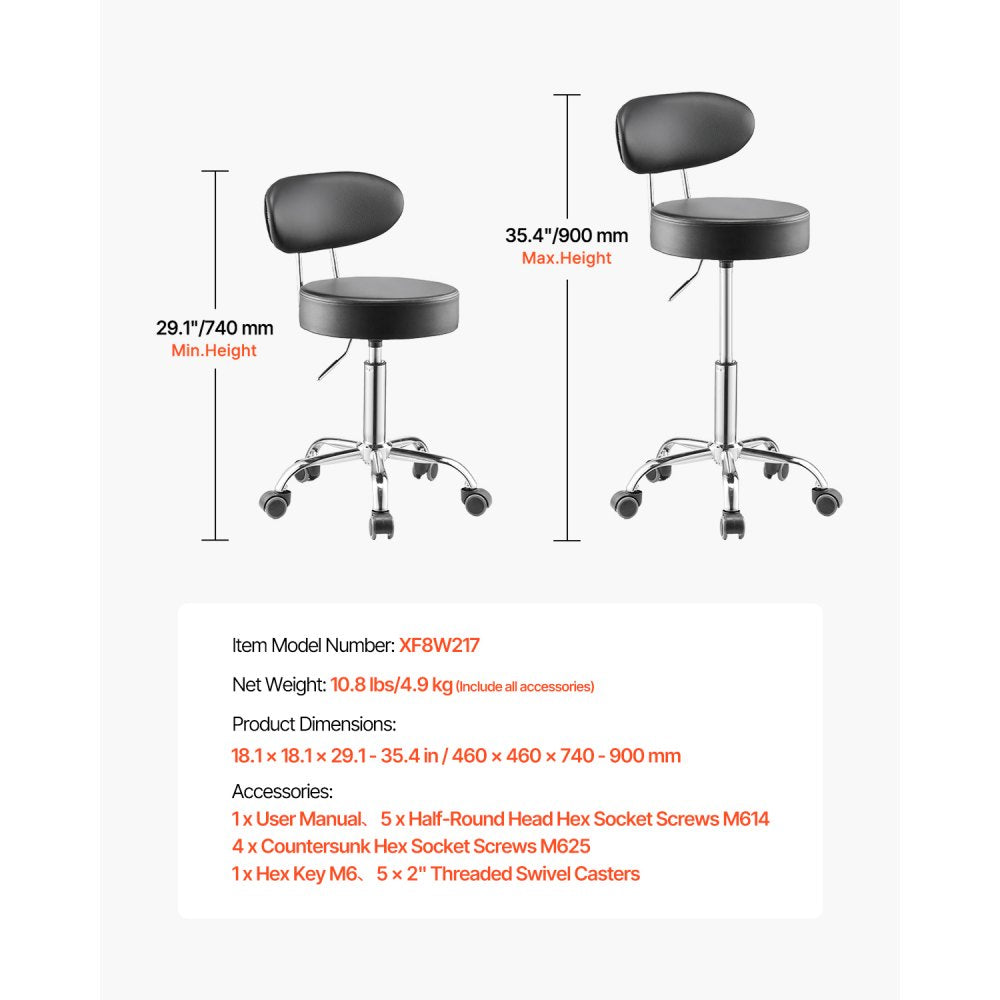 VEVOR Shop Stool with Backrest, Pneumatic Garage Seat/Work Stool with Wheels, 300 lbs Load, Adjustable Roller Creeper Seat, 360° Swivel Padded Workshop Stool, for Garage, Shop & Auto Repair, Black