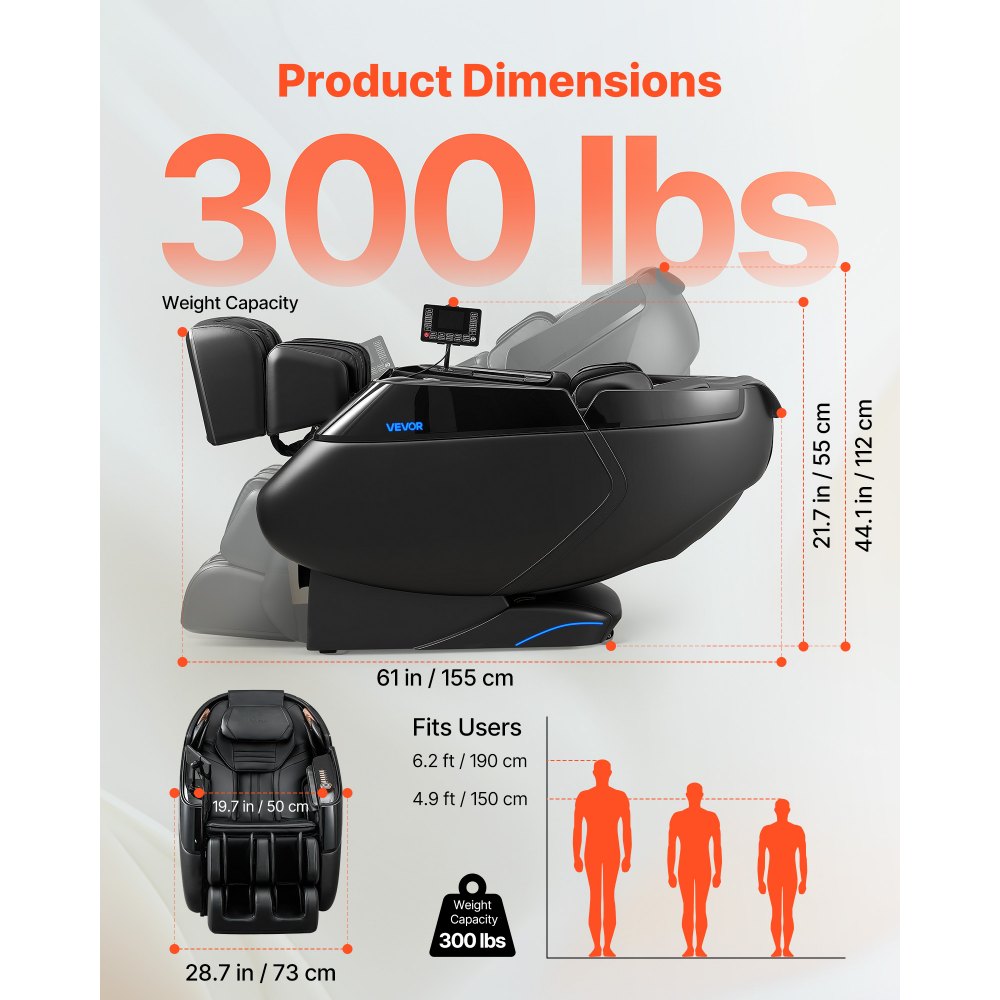 VEVOR Massage Chair, 4D Zero-Gravity Full Body Massage Chair with Extendable Footrest, Automatic Modes, Airbags, Waist & Leg Heating, Bluetooth Speaker, Touchscreen Control, for Home and Office Use