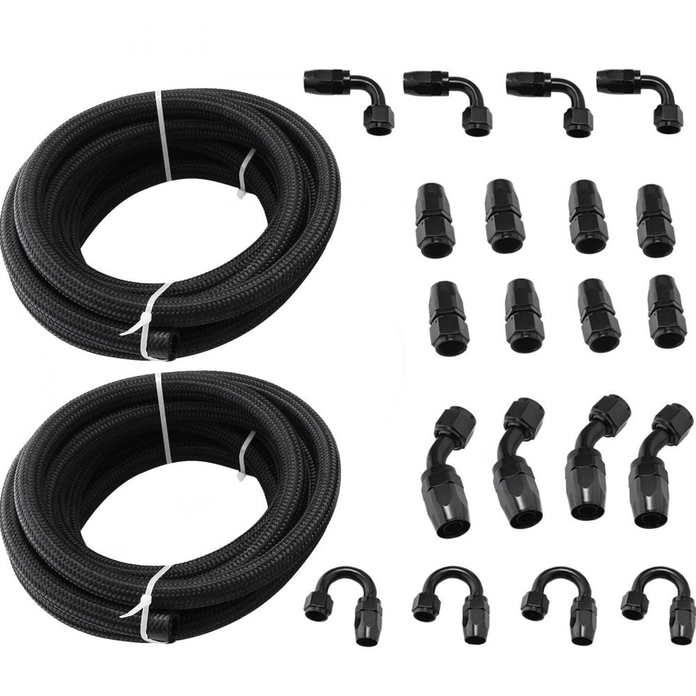 VEVOR 8AN Fuel Line Kit, 32.8' Nylon Stainless Steel Braided Oil Line Hose ID. 11.11 mm/ 0.44 in, with 20 pcs 8AN Universal Fitting Adapter Set with Aluminum Hose End, Black
