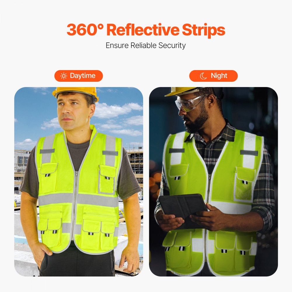 VEVOR Safety Vest, 10 Pockets Yellow Safety Vest, Hi Vis Zipper Front Safety Vest with Reflective Strips, High Visibility Work Construction Vest with Pockets and Walkie-Talkie Clip, for Men & Woman