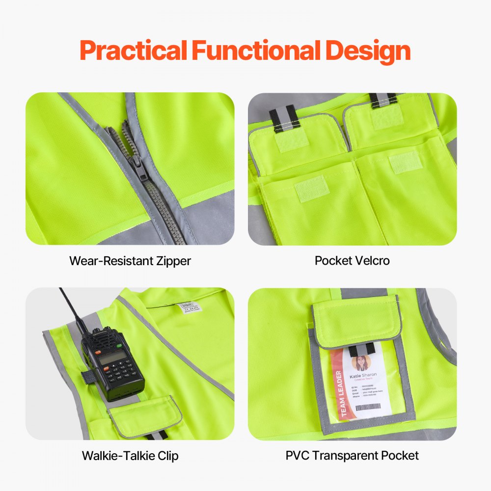 VEVOR Safety Vest, 10 Pockets Yellow Safety Vest, Hi Vis Zipper Front Safety Vest with Reflective Strips, High Visibility Work Construction Vest with Pockets and Walkie-Talkie Clip, for Men & Woman