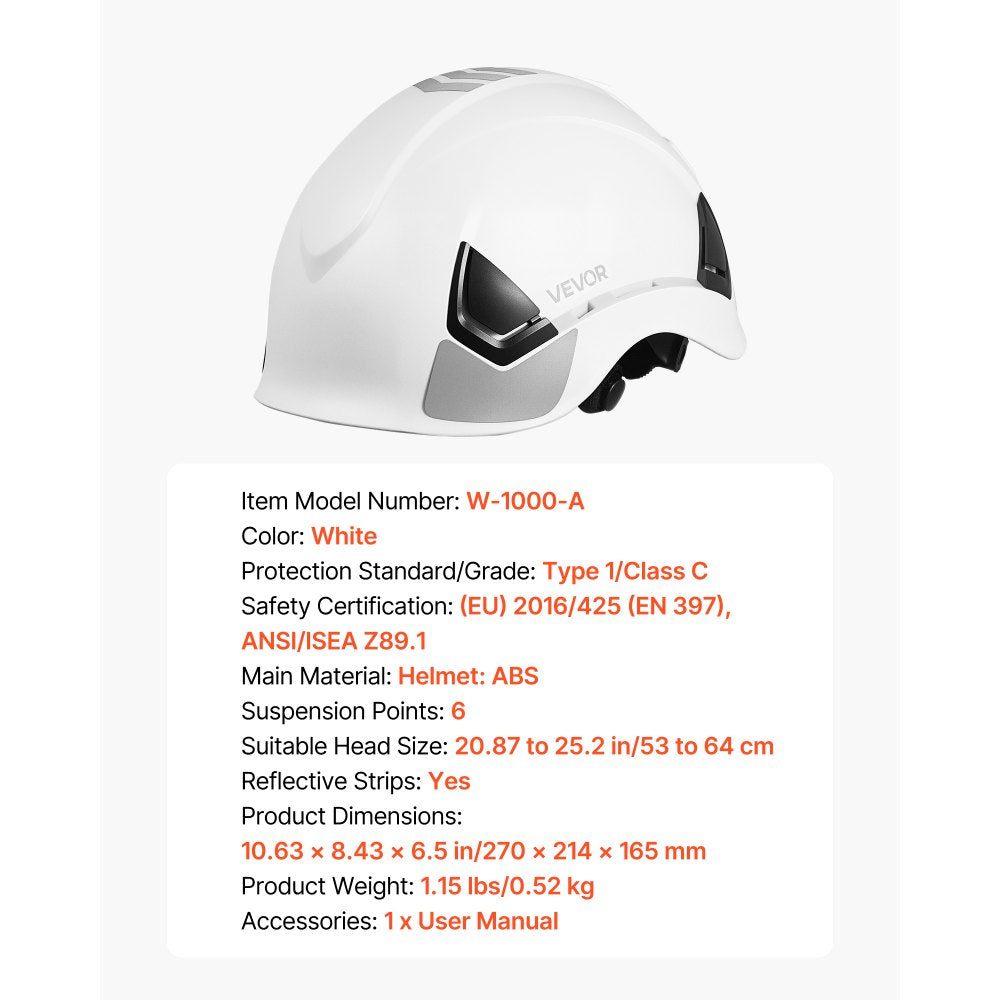 VEVOR Safety Helmet, ANSI/ISEA Z89.1 Approved ABS Safety Hard Hat with 6-Point Ratchet Suspension, Adjustable Vented Hardhat for Men Women Adults, for Outdoor Indoor Industrial Construction Workwear