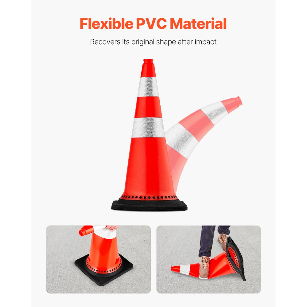 VEVOR Safety Cones, 8 x 30" Traffic Cones, PVC Orange Construction Cones, Reflective Collars Traffic Cones with Black Weighted Base Used for Traffic Control, Driveway Road Parking and School Improvem