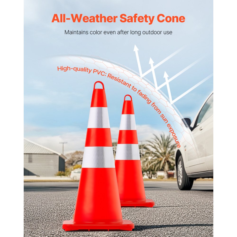 VEVOR Safety Cones, 12 x 28\" Traffic Cones, PVC Orange Construction Cones, 2 Reflective Collars Traffic Cones with Weighted Base and Hand-Held Ring Used for Traffic Control, Driveway Road Parking