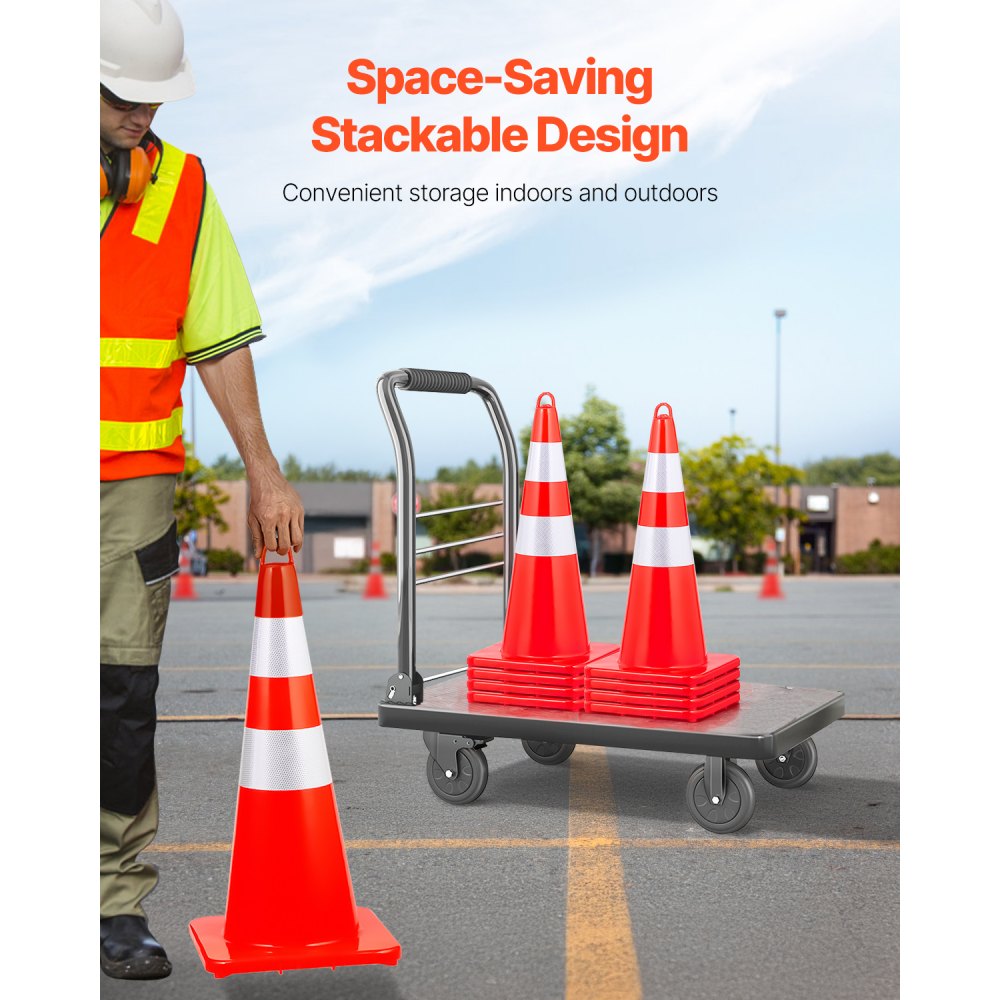 VEVOR Safety Cones, 12 x 28\" Traffic Cones, PVC Orange Construction Cones, 2 Reflective Collars Traffic Cones with Weighted Base and Hand-Held Ring Used for Traffic Control, Driveway Road Parking